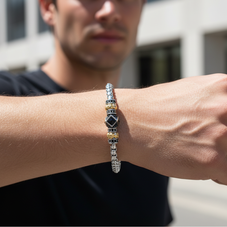 A.R.Z Steel Mini Skull & Stone Accent Bracelet