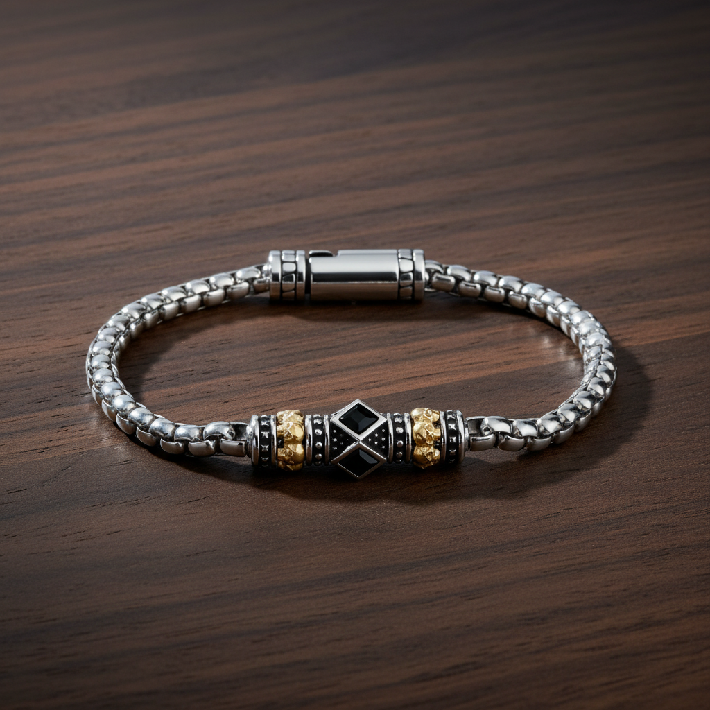 A.R.Z Steel Mini Skull & Stone Accent Bracelet