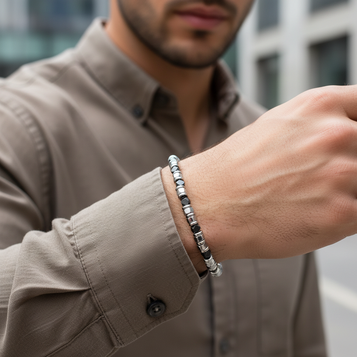 A.R.Z Steel Hematite Steel Bead Bracelet