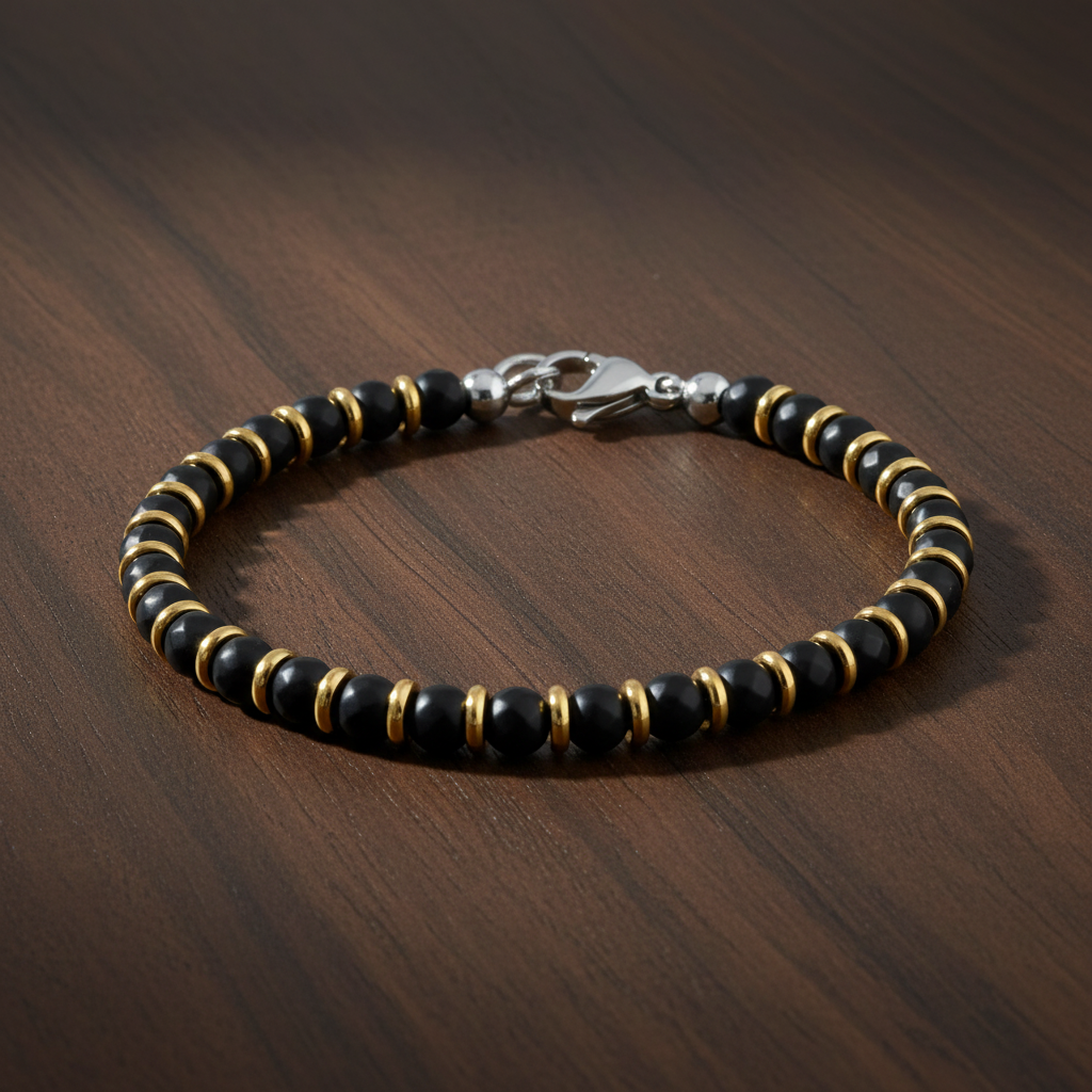 A.R.Z Steel Black & Gold Bead Bracelet