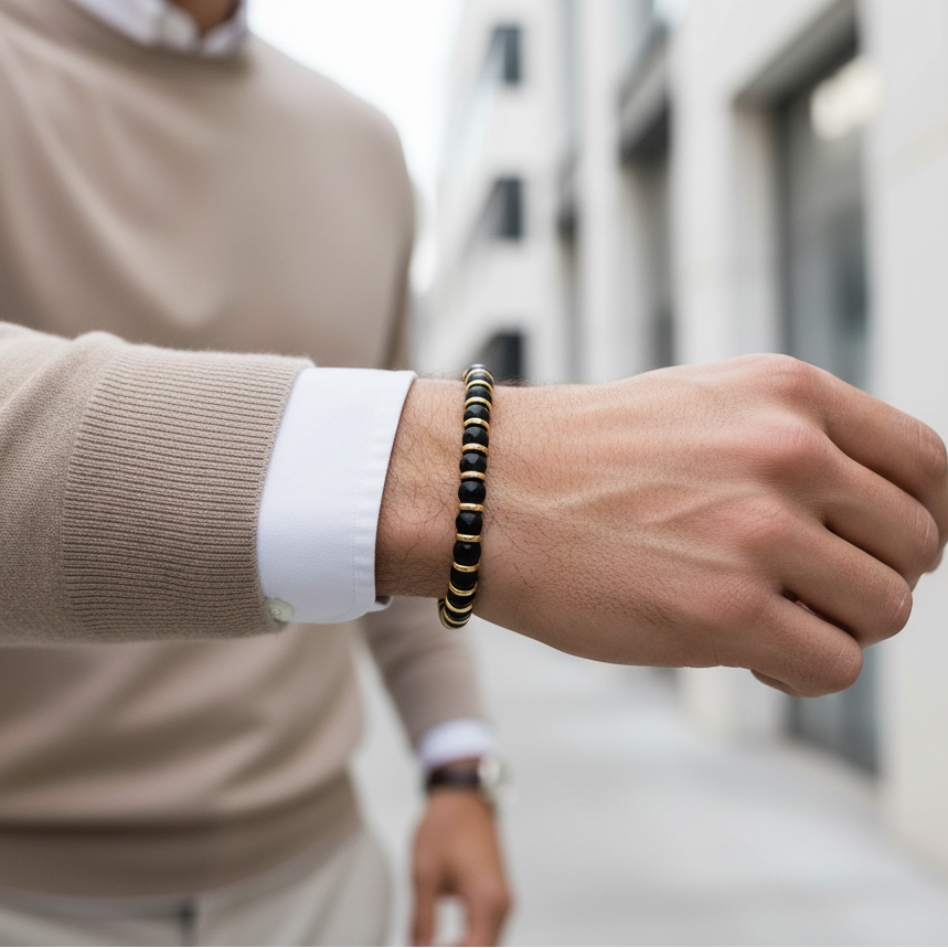 A.R.Z Steel Black & Gold Bead Bracelet