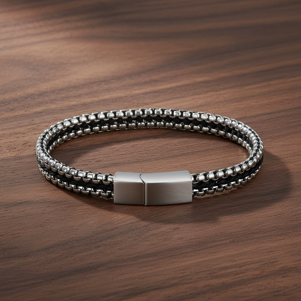 A.R.Z Steel Round Box Black Cord Bracelet 6.5mm