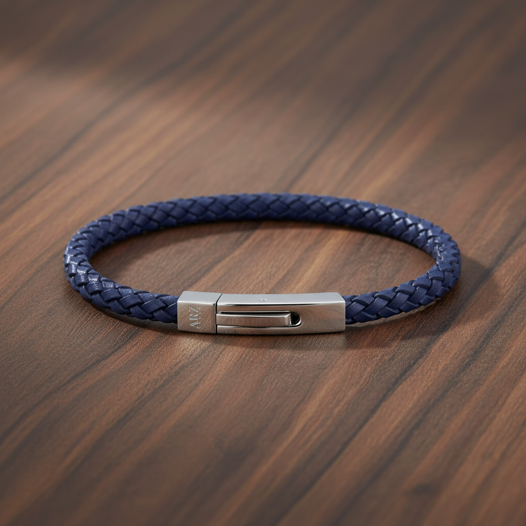 A.R.Z Steel Square Braided Blue Leather Bracelet 4mm