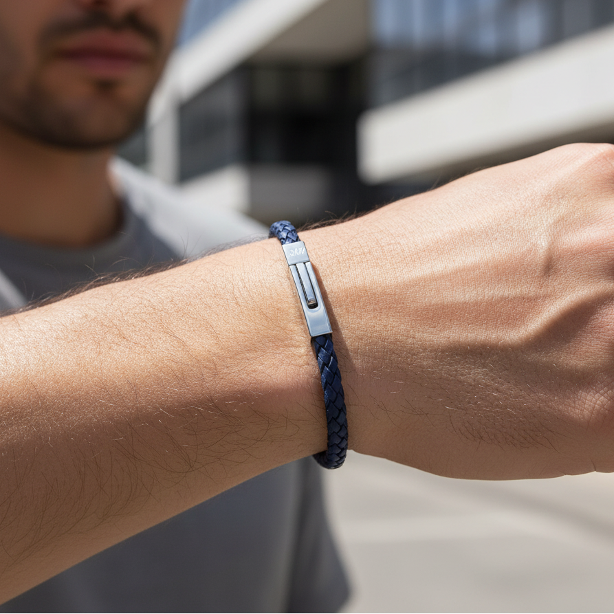 A.R.Z Steel Square Braided Blue Leather Bracelet 4mm