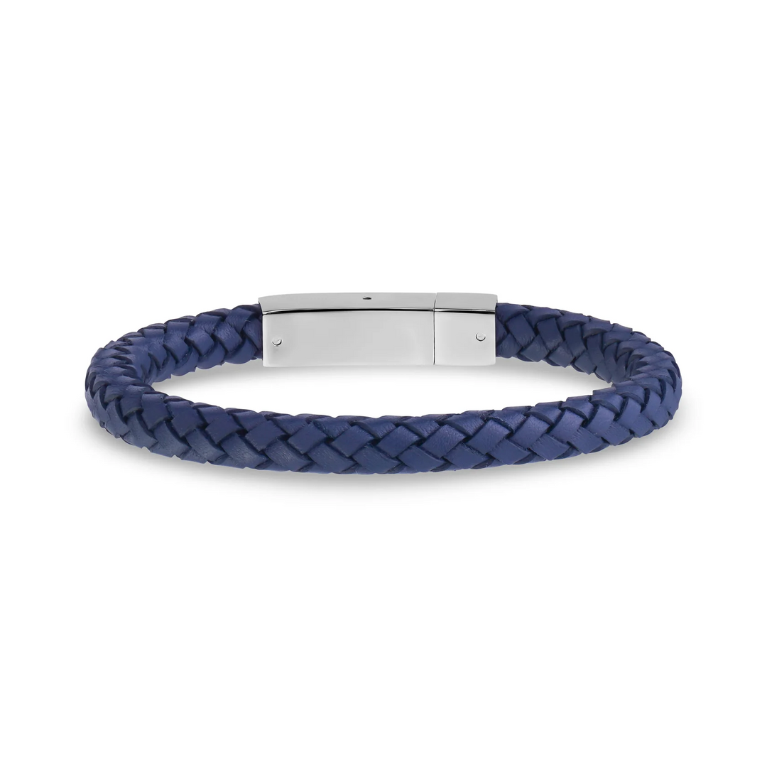 A.R.Z Steel Square Braided Blue Leather Bracelet 6mm