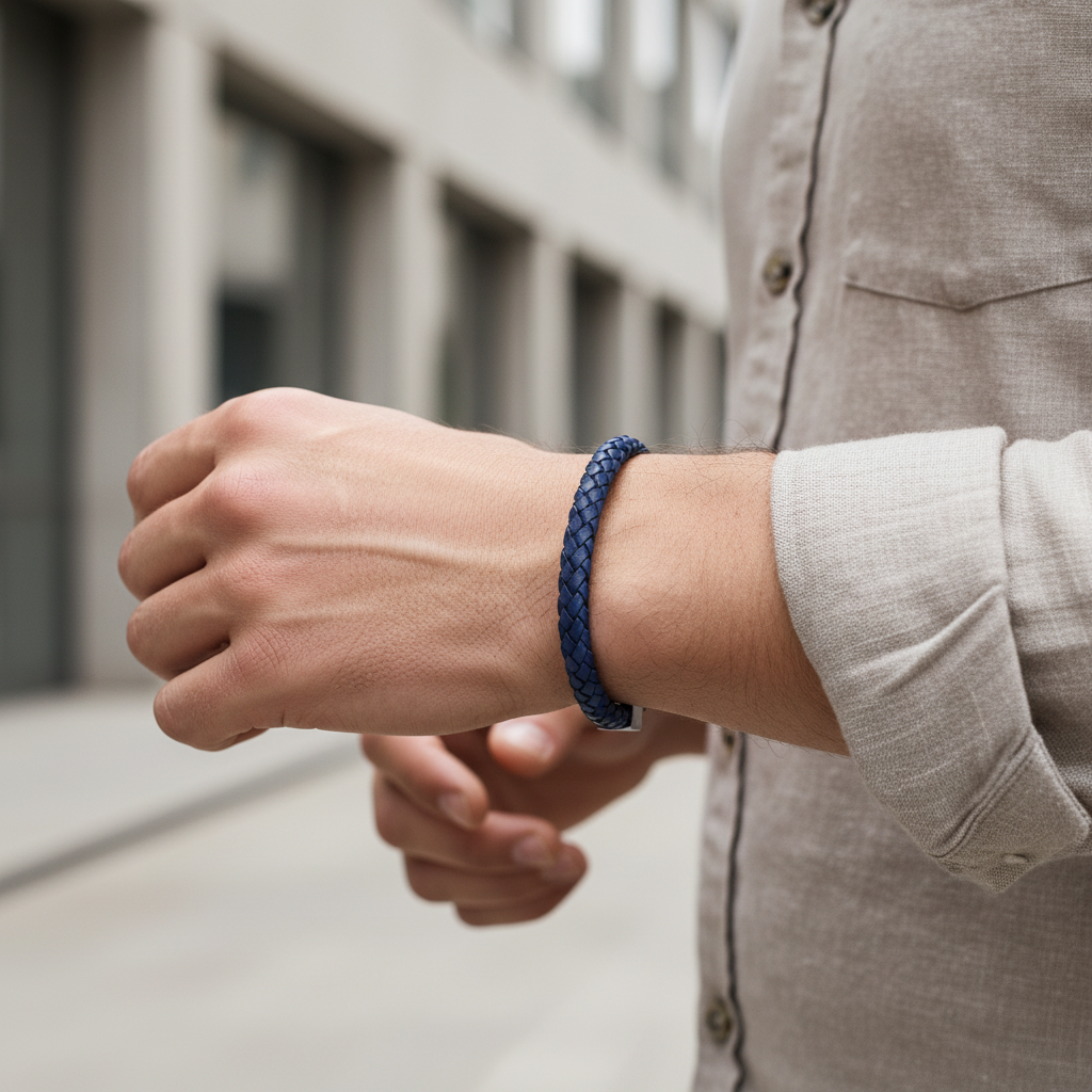 A.R.Z Steel Square Braided Blue Leather Bracelet 6mm