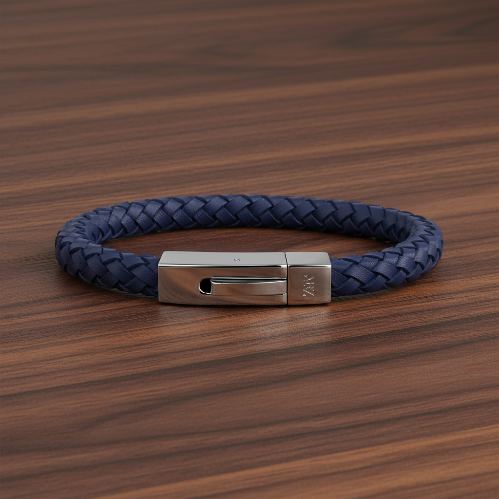 A.R.Z Steel Square Braided Blue Leather Bracelet 6mm