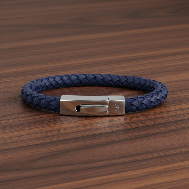 A.R.Z Steel Square Braided Blue Leather Bracelet 6mm