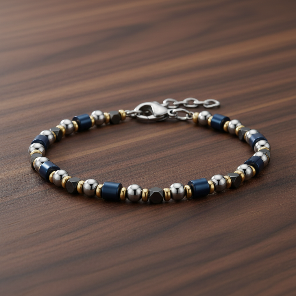 A.R.Z Steel Navy Hematite Beaded Bracelet 4mm