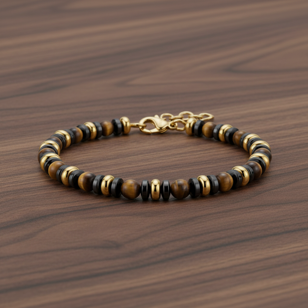 A.R.Z Steel Regal Tiger Eye Bead Bracelet 4mm