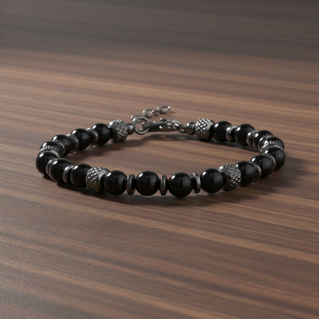 A.R.Z Steel Midnight Onyx Beaded Bracelet 6mm