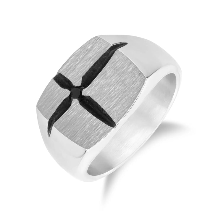 A.R.Z Steel Black Cross Signet Ring