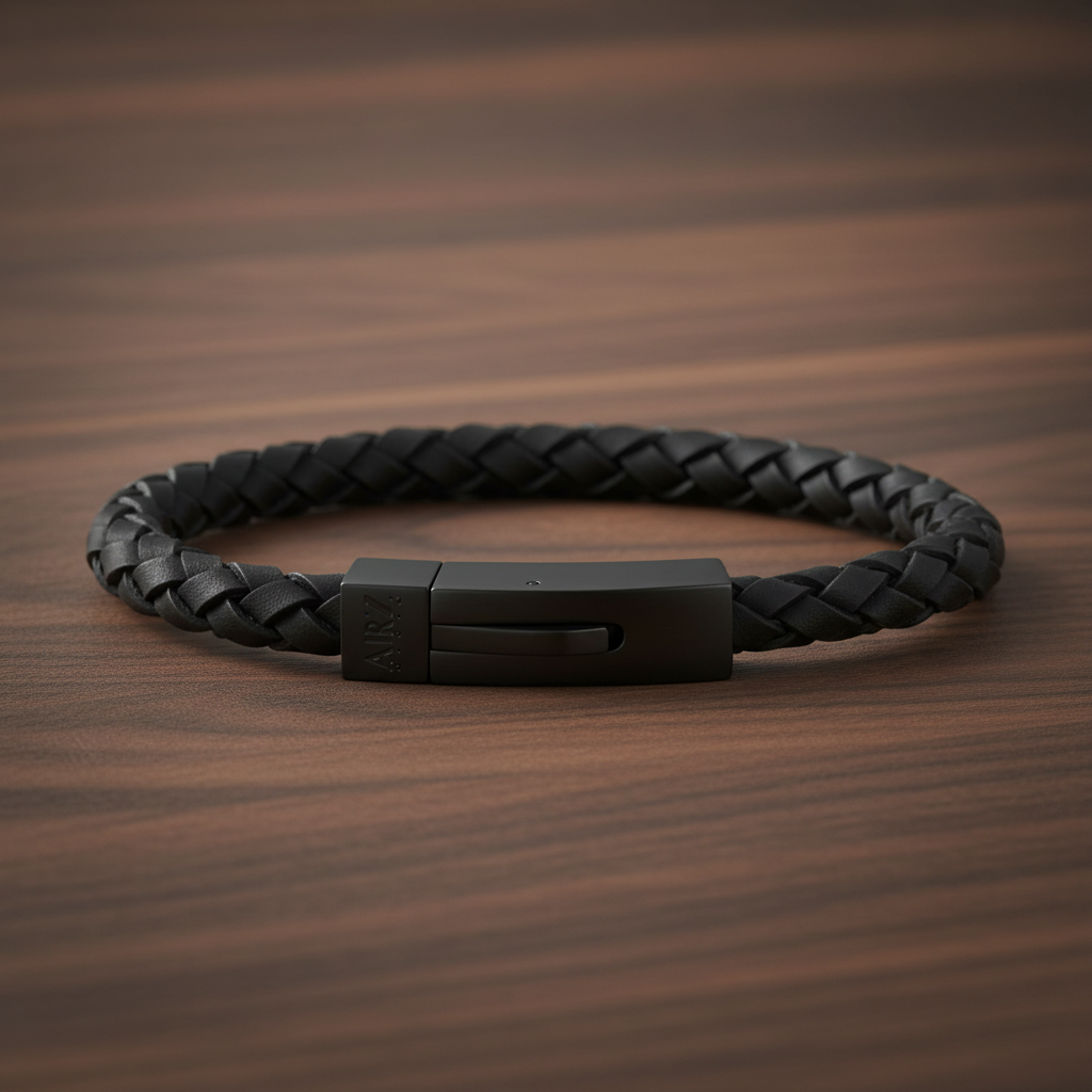A.R.Z Steel Woven Leather Bracelet 6mm