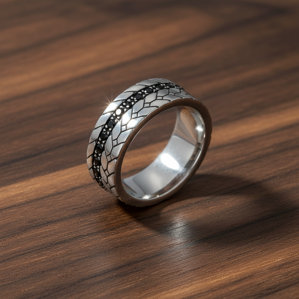 ARZ Steel Bague en acier détaillée avec pierres noires pour hommes