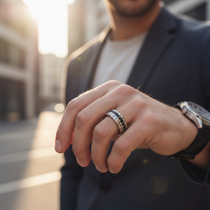 ARZ Steel Bague en acier détaillée avec pierres noires pour hommes