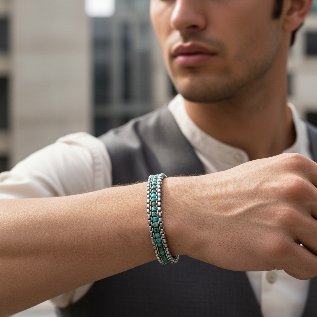 A.R.Z Steel Tethered African Turquoise Bracelet 9mm