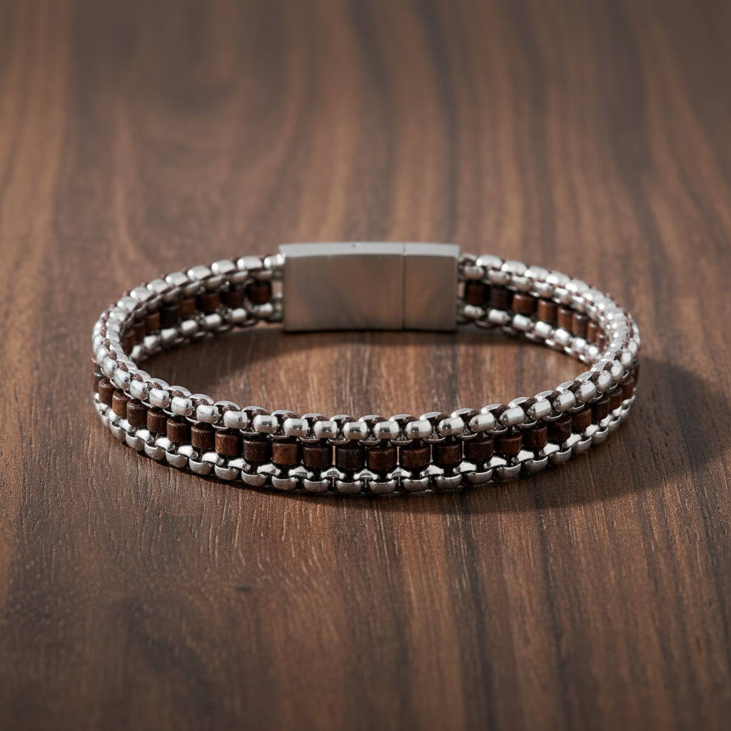 A.R.Z Steel Tethered Brown Beaded Bracelet 9mm