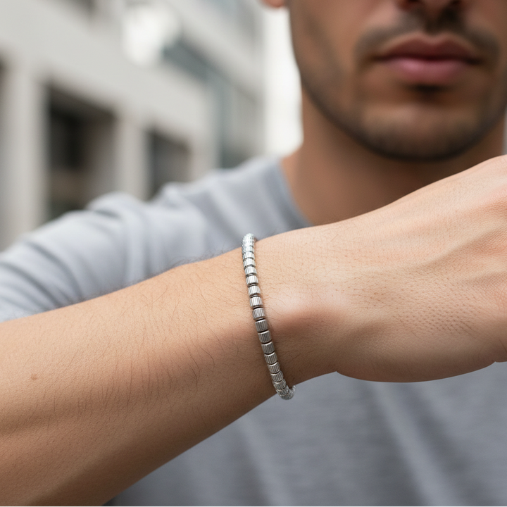 A.R.Z Steel Textured Barrel Bead Bracelet 4mm
