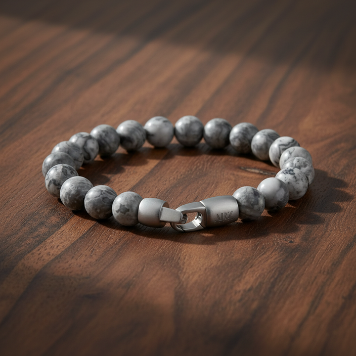 A.R.Z Steel Grey Jasper Stone Bracelet 9mm