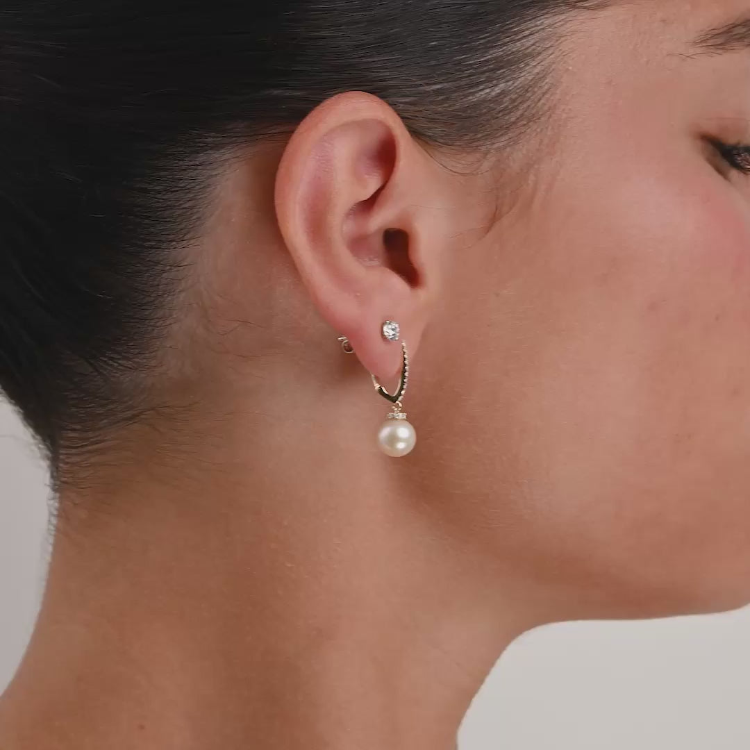 Cultured Pearl Hoops V Shape Diamond Dangle Earrings