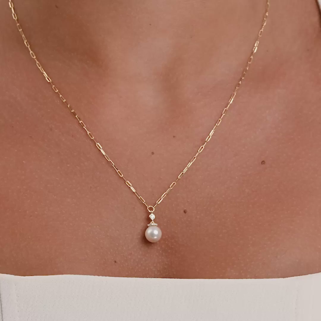 Cultured Pearl & Diamond Drop Necklace On Paper Clip Chain