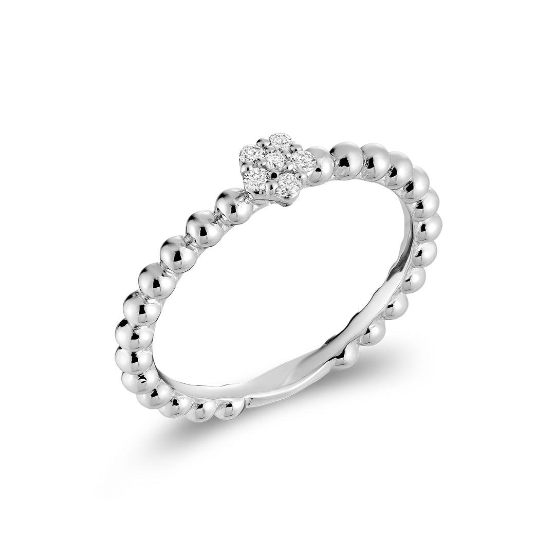 14K White gold diamond cluster flower beaded ring