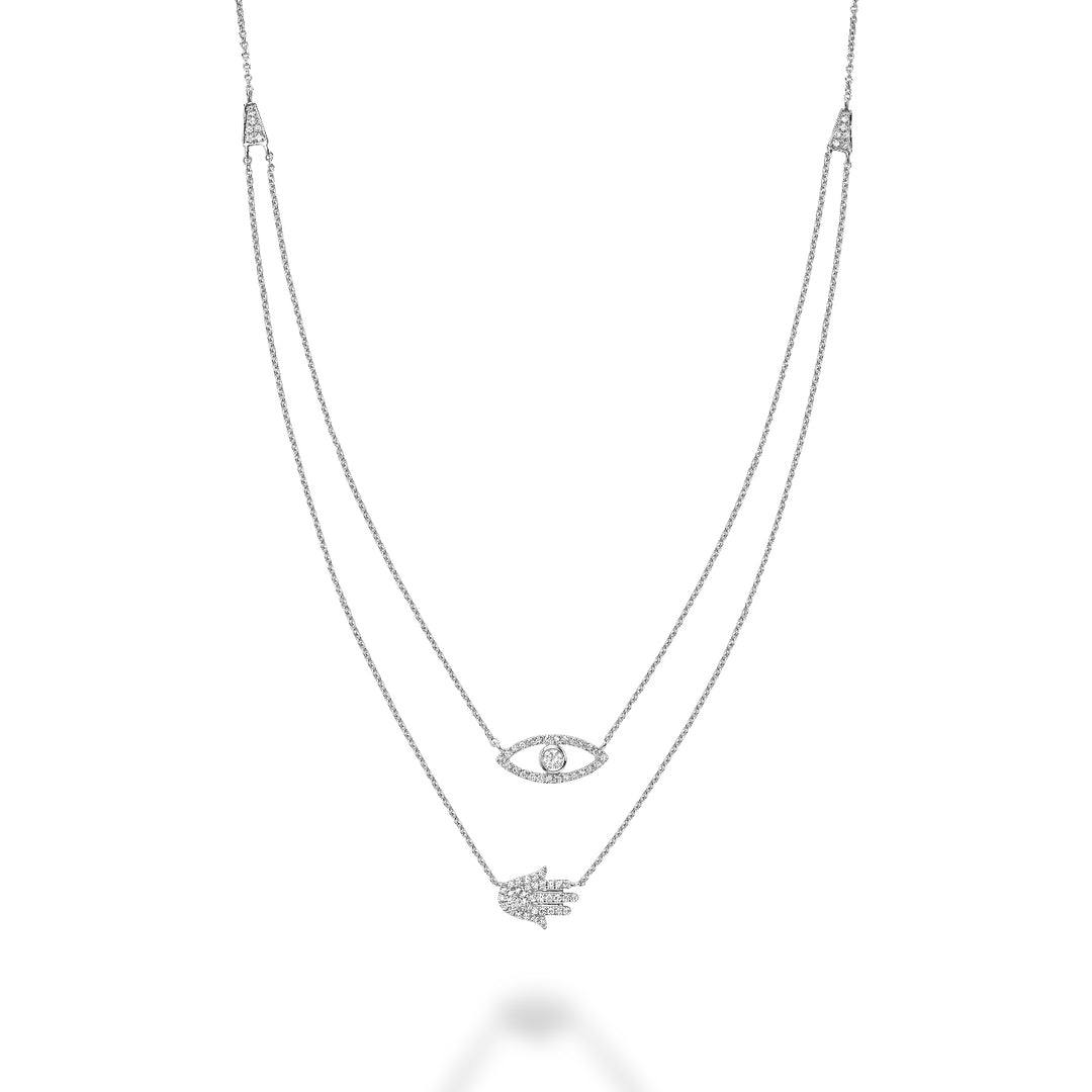 14K White Gold Double Layer Hamsa & Evil Eye Diamond Necklace by ORLY Jewellers
