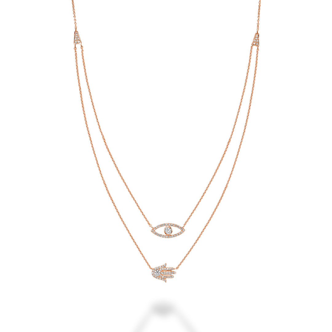 14K Rose Gold Double Layer Hamsa & Evil Eye Diamond Necklace by ORLY Jewellers