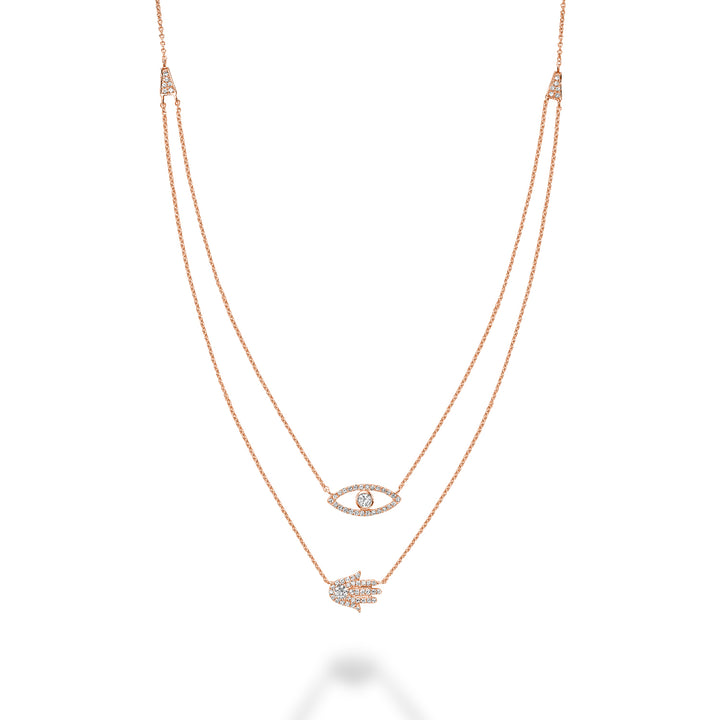 14K Rose Gold Double Layer Hamsa & Evil Eye Diamond Necklace by ORLY Jewellers
