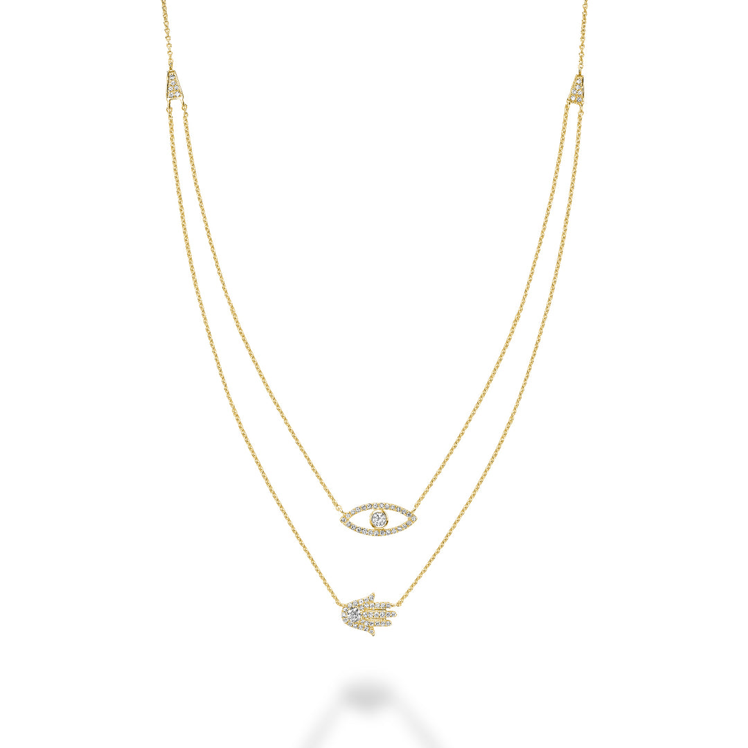 14K Yellow Gold Double Layer Hamsa & Evil Eye Diamond Necklace by ORLY Jewellers