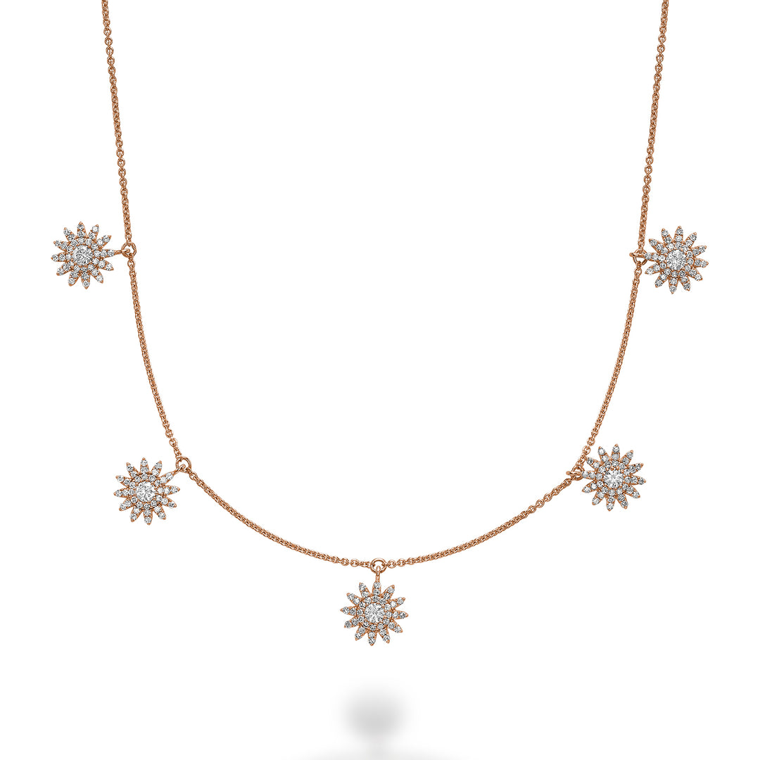 14K Rose Gold Dangling sun shaped diamond necklace by ORLY Jewellers