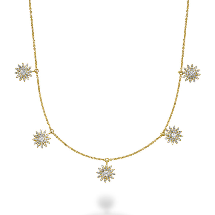 14K Yellow Gold Dangling sun shaped diamond necklace by ORLY Jewellers