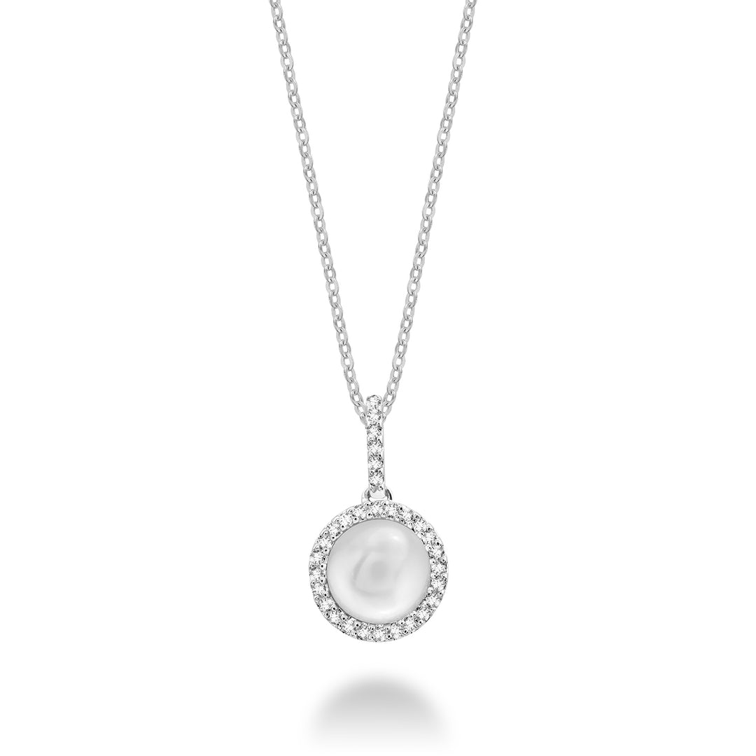 14K White Gold Freshwater pearl and diamond halo necklace by ORLY Jewellers