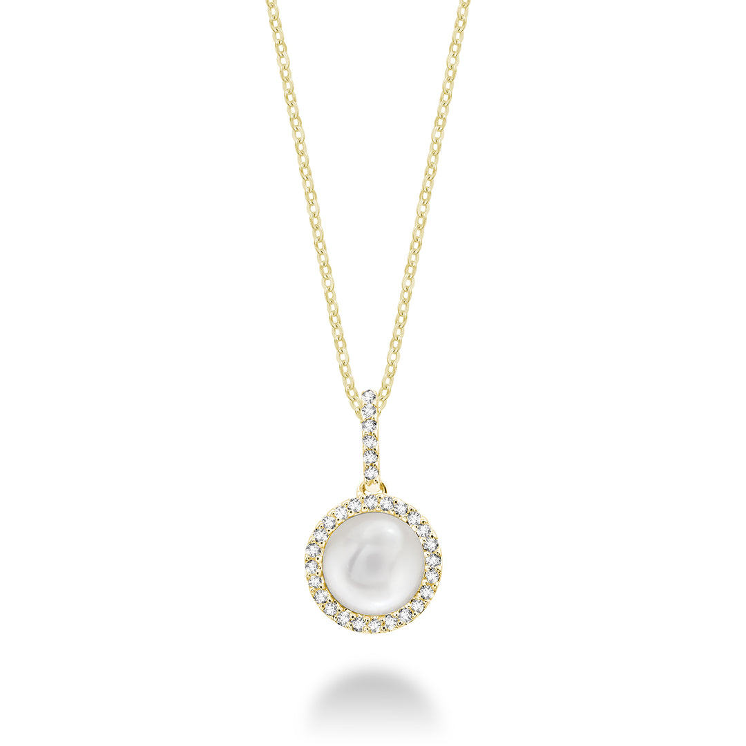14K Yellow Gold Freshwater pearl and diamond halo necklace by ORLY Jewellers