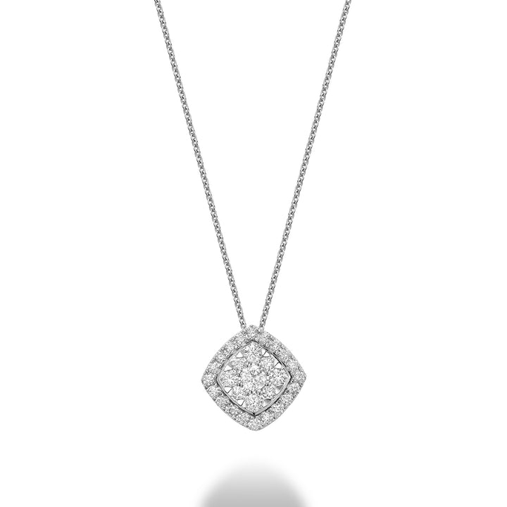 14K White Gold Cushion Shape Diamond Halo Necklace by ORLY Jewellers
