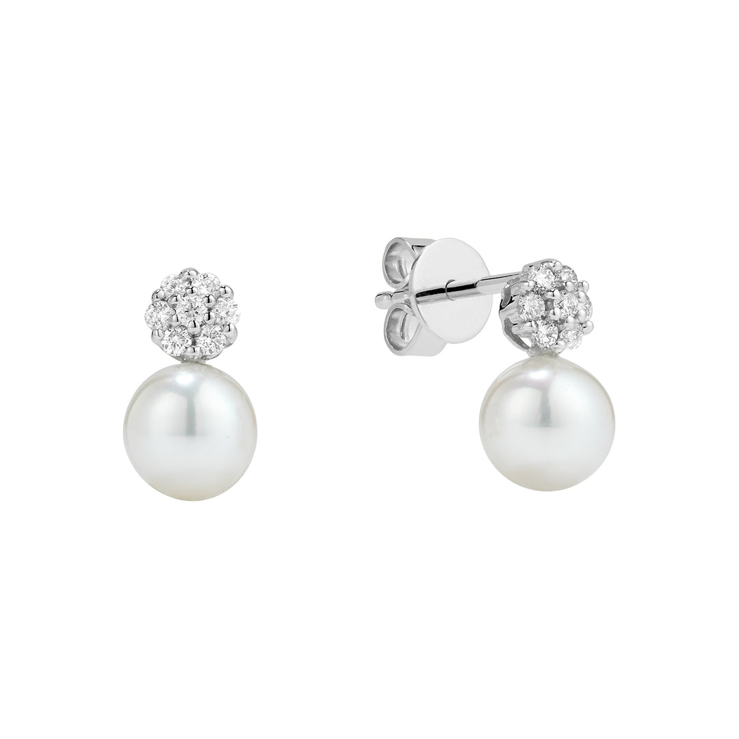 14K White Gold dangling freshwater pearl and diamond earrings by ORLY Jewellers