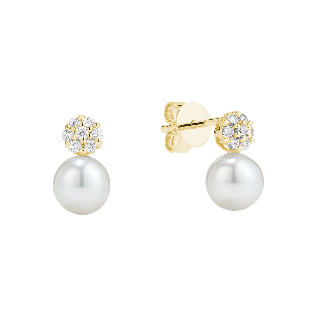 14K Yellow Gold dangling freshwater pearl and diamond earrings by ORLY Jewellers