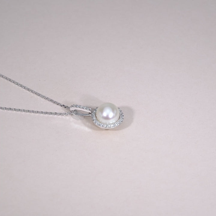 14K White Gold Freshwater pearl and diamond halo necklace by ORLY Jewellers