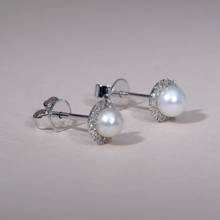 10K White Gold Freshwater Pearl & Diamond Stud Earrings by ORLY Jewellers